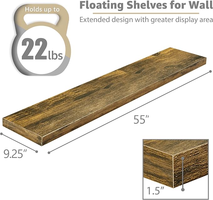 Sorbus Floating Shelves for Wall - 55 Inch Extra-Long Bathroom Shelves, Wall Decor for Bedroom, Kitchen, Living Room, Book Storage - Mounted Floating Shelf with Hidden Brackets (Rustic Brown, 3 Pack)