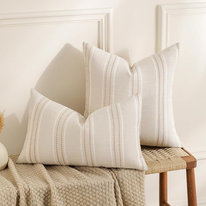 Hckot Hand Made Throw Pillow Covers 22x22 Set of 2 Striped Pillow Covers Linen Decorative Pillows Square Cushion Covers for Sofa Couch Bed Living Room Farmhouse Decor, Khaki