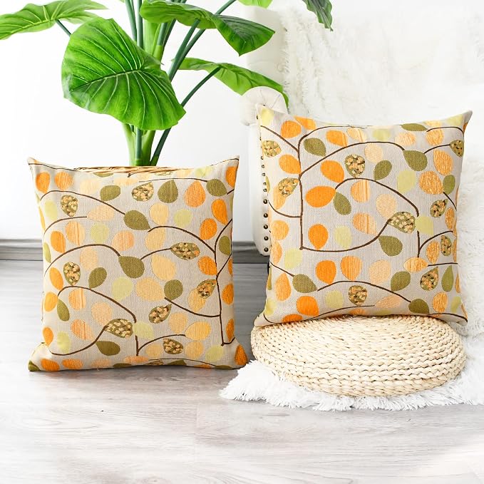 CaliTime Decorative Throw Pillow Covers 18 X 18 Inches Ecru Orange | Luxury Chenille Cute Leaves Cushion Case Shell for Couch Sofa Bed Living Room Home