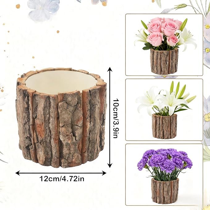 4 Pcs Wooden Vase Home Decor Rustic Flower Vases Vintage Wooden Planter Pots for Centerpieces Woodland Party Wedding Table Decor Farmhouse Buckets Bark Stump Decorative Items