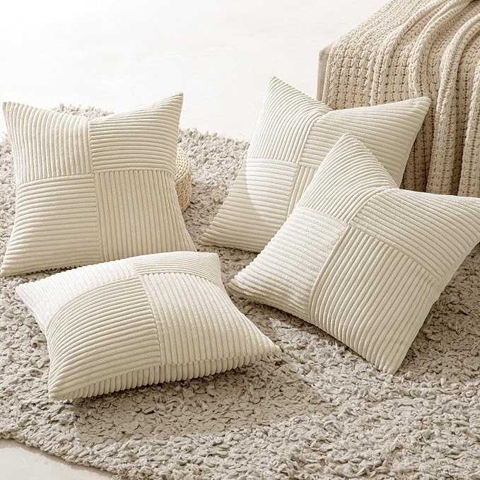 MIULEE Beige Throw Pillow Covers 20x20 Inch Set of 4 Boho Patchwork Cushion Cases Modern Farmhouse Pillow Cases with Invisible Zipper Corduroy Striped Home Decor for Couch Sofa Bedroom