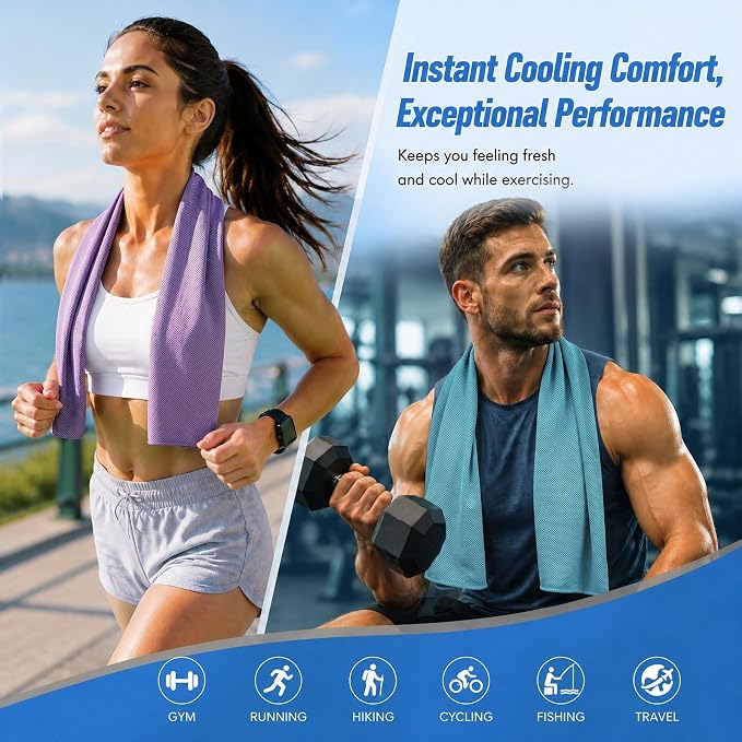 Amgico 8 Pack Cooling Towels 40"X12", Cooling Neck Wraps for Men and Women, Ice Towel, Soft Breathable Durable Towels for Yoga, Pilates, Tennis, Golf, Gym, Workout, Sports & More Activities