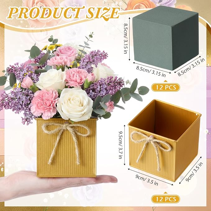 12 Pack Galvanized Square Vases with Floral Foam, 3.5 inch Waterproof Rustic Tin Buckets with Twine Bows, Mini Farmhouse Metal Planter Centerpieces for Wedding Party Table Decor (Gold)