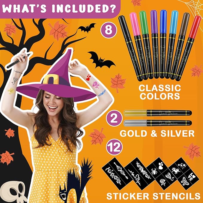 Jim&Gloria Skin Markers Temporary Tattoo Pen 10 Colors with Gold and Silver, Fake Body Paint Tattoos, Christmas Makeup, Face Painting Kit Teen Girl Gifts Trendy Stuff Adults Kids Birthday Gift