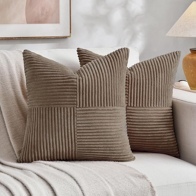 Fancy Homi Set of 1, Decorative Light Brown Corduroy Patchwork Soft Striped Modern Accent Cushion Case Farmhouse Boho Neutral Throw Pillow Covers for Chair Couch Sofa Bed Living Room Home 28x28 Inch