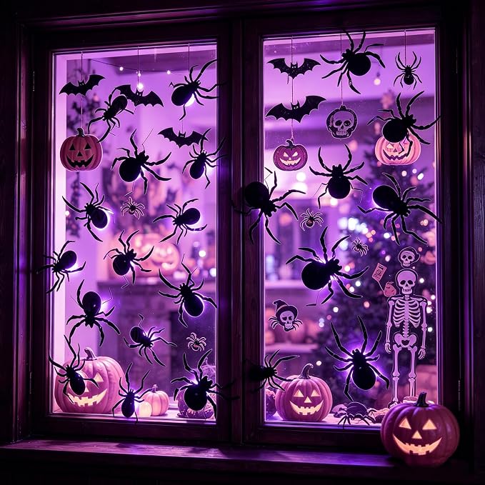 DR.DUDU 36 Pack Halloween Wall Decor Light up Spiders, Purple | 3D Spider Stickers, Removable Wall Decals, Assorted Sizes, PVC, Window Decorations, For Indoor Outdoor Bathroom Home Party