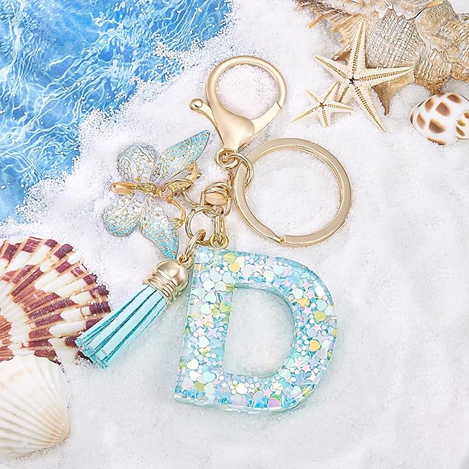Fashion Alphabet Initial Letter Keychain Tassel Butterfly Pendant Key Ring for Purse Handbags Women Girl