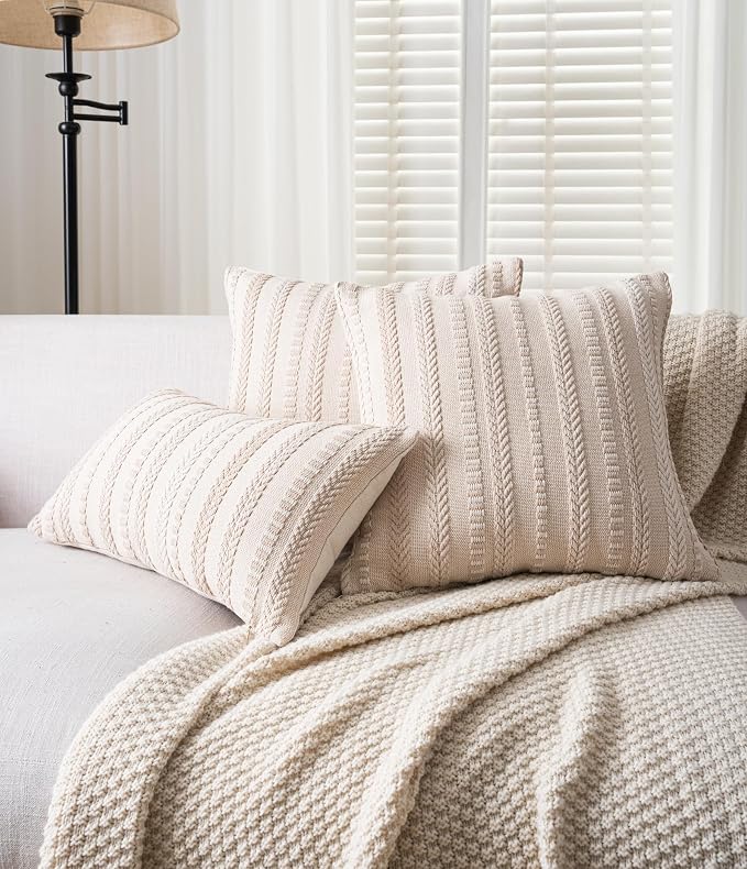 Cethom Boho Throw Pillow Covers 20x20 Inch Set of 2, Farmhouse Decorative Couch Pillow Cases, Beige Accent Pillows of Bed, Sofa Bedroom Living Room Home Decor Cushion Cover