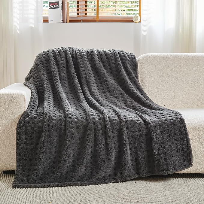 NEWCOSPLAY 3D Waffle Checkered Flannel Queen Blanket, Dark Grey, 90"x90" | Super Soft Cute Lightweight Decorative Premium Silky Fleece Blanket for Couch Sofa Bed, Gift for Women Men, All Season Use