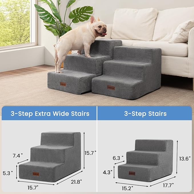 Aodisman Dog Stairs for Small Dogs,Wider 3-Step Pet Steps for Couch & Bed | High-Density Foam Dog Steps with Anti-Slip Bottom,Easy for Puppies,Older Cats & Dogs to Reach Sofas & Chairs,Grey,15.7" H