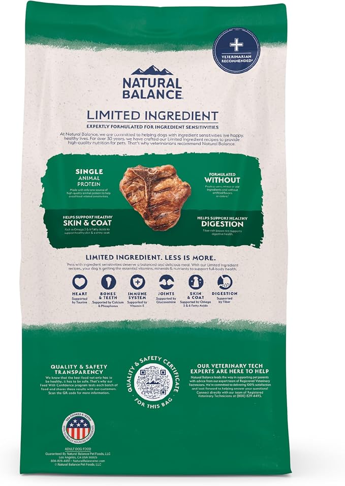 Natural Balance Limited Ingredient Adult Dry Dog Food - Complete Nutrition for Adult Dogs - Wholesome Grains Brown Rice Recipe - Limited Ingredient Formula - 24 lb - Lamb & Brown Rice