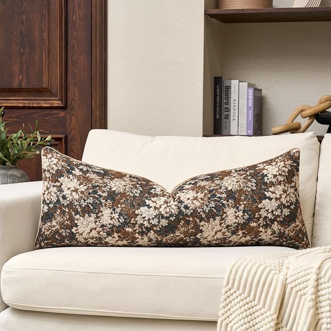 Neutral Floral Pillow Cover 14 x 36 Inches, Vintage Chenille Accent Throw Pillow Cover Soft Decorative Farmhouse Accent Couch Pillow Cover for Living Room Bedroom, Coffee Brown
