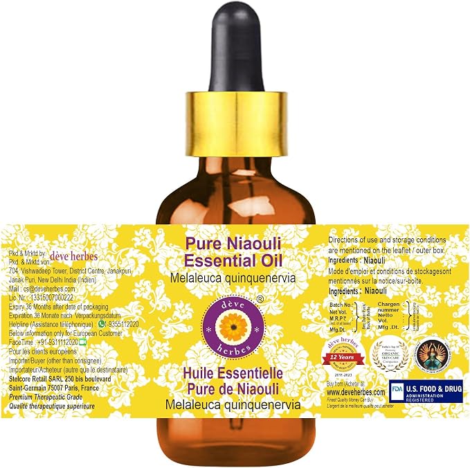 dève herbes Niaouli Essential Oil (Melaleuca quinquenervia) with Glass Dropper | Pure | Non-Sticky | Non-Greasy | Lightweight | Men & Women | All Skin Types | Steam Distilled 5ml (0.16 oz)