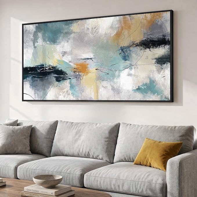 Extra Large Framed Abstract Wall Art for Living Room, Horizontal Grey Teal Canvas Prints Paintings Artwork for Walls, Modern Minimalist Pictures Wall Decor for Bedroom Dining Room Office, 30x60 In