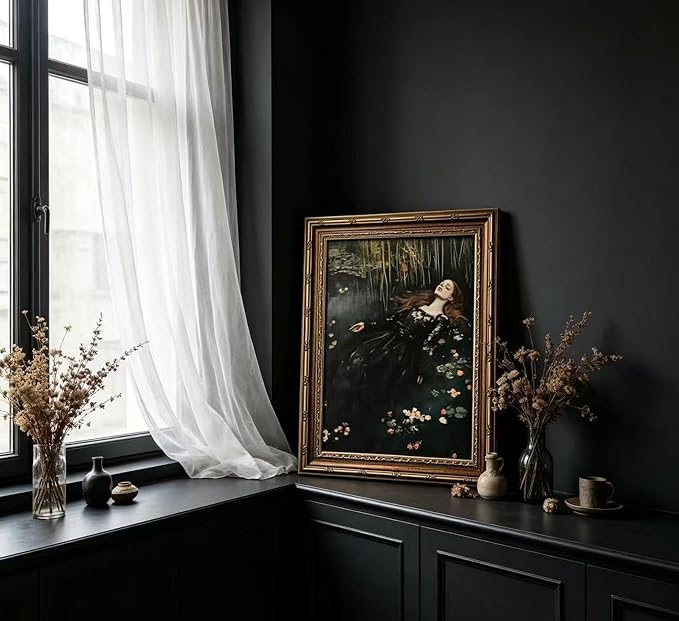 Vintage Gold Framed Ophelia Wall Art,Victorian Gothic Oil Painting Canvas Print,Classic Dark Academia Aesthetic Wall Decor,Antique Woman Portrait Picture,Moody Floral Poster Artwork,for Living Bedroom