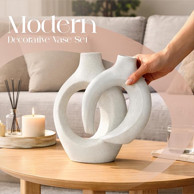 Set of 2 Elegant Donut Style Ceramic Vases – Boho Nordic Romantic Hugging Flower Decorative Vases for Pampas Grass, Bedroom, Living Room, Mantle, Book Shelf, Entryway Table 8.4 Inch Beige