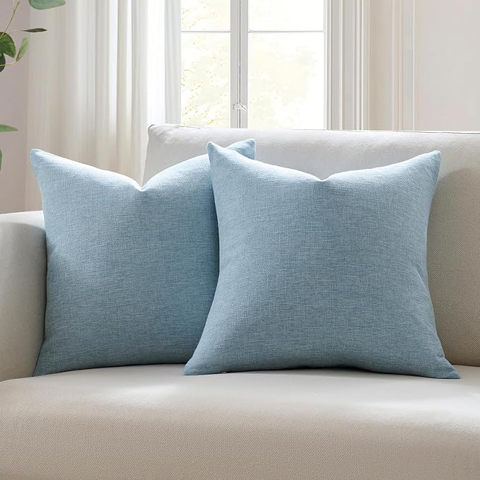 Meekio Set of 2 Light Blue Throw Pillow Covers 20x20, Coastal Linen Blend Decorative Pillow Covers for Couch Sofa Bed, Beach House Home Decor