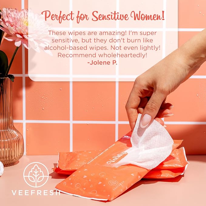 VeeFresh VeeWipes ACV (10pcs) - Apple Cider Vinegar Infused Wipes for Sensitive Vees- pH Balanced, Alcohol Free & Hypoallergenic Feminine Wipes for Women - Female Wipes for Maximum Hygiene