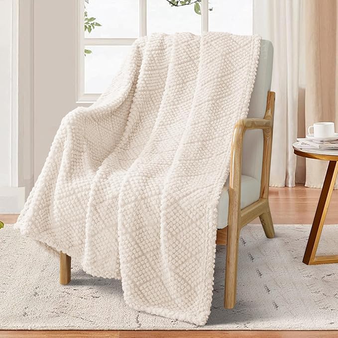Whale Flotilla Soft Fleece Throw Blanket for Couch, Ivory White | Jacquard Waffle Blankets for Home Decor, Lightweight and Cozy, All Season Suitable, 50x60 Inch