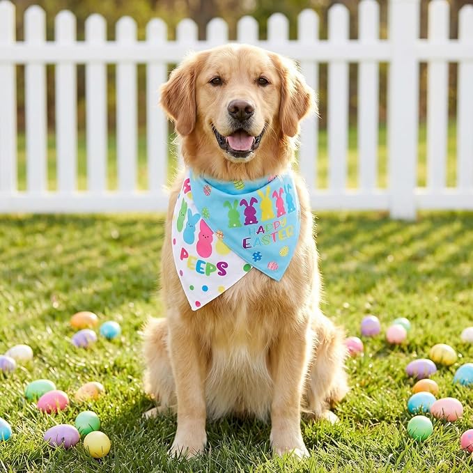 Easter Dog Bandanas 2PCS-Large,Adjustable Holiday Party Pets Rabbit Easter Egg Outfits,Triangle Reversible Pet Scarf for Boys and Girls,Dog Costume Gifts for Medium to Large Dogs