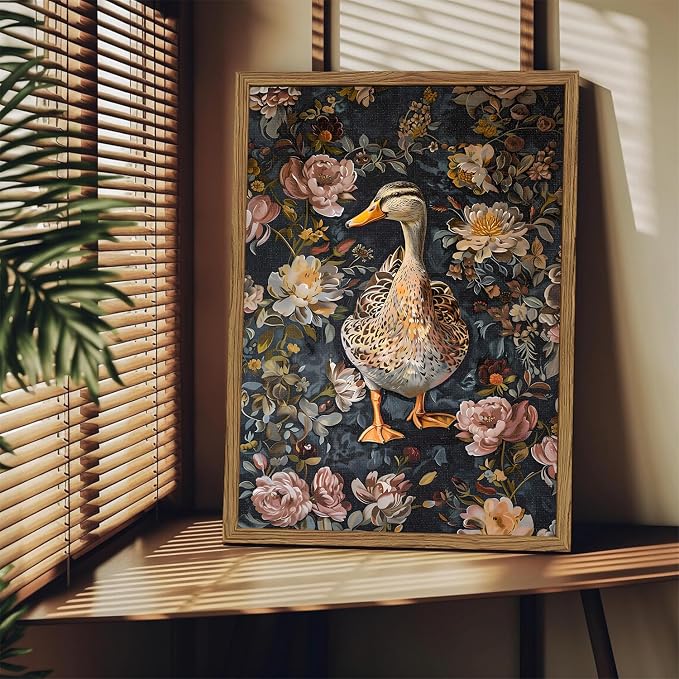 Vintage Mallard Duck Wall Art, Whimsical Dark Cottagecore Duck Wall Decor Painting Moody Animal and Botanical Poster Canvas Print for Living Room Bedroom 12x16 inch Wood Framed