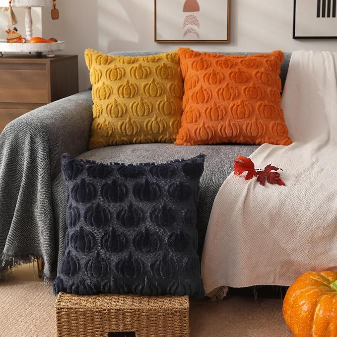DFXSZ Fall Pillow Covers 20x20 2Pcs Yellow Pumpkin Fall Decoration for Home | Fall decor Set of 2 Throw Pillow Cases Soft Plush Faux Fur Wool Couch Cushion for Chair Sofa Bedroom Living Room Home Decor