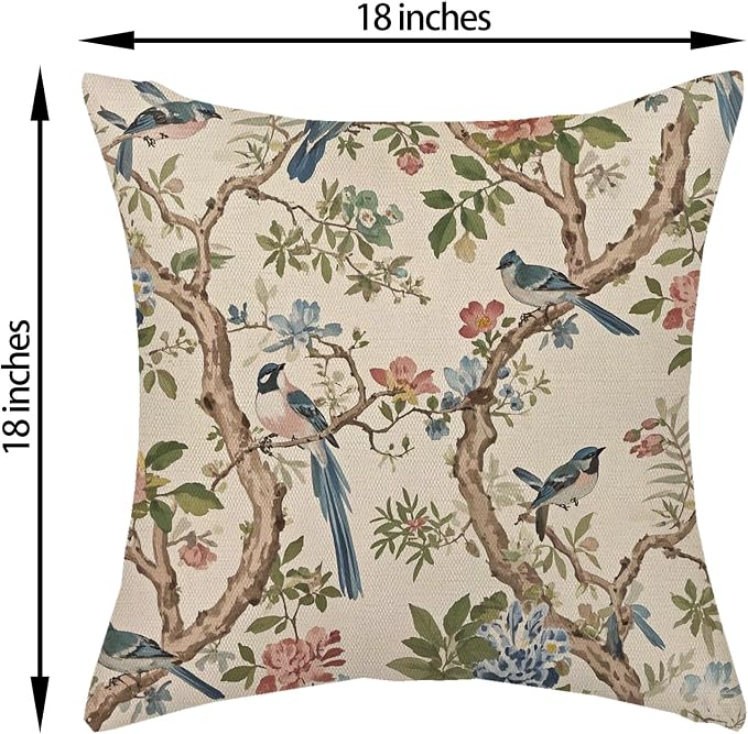 Navy Blue Green Flower Bird Pillow Covers 18x18 Set of 2 Chinoiserie Floral Throw Pillows Vintage Bird Decorative Pillow Cases Outdoor Chinoiserie Decor Farmhouse Cushion Case for Couch Sofa