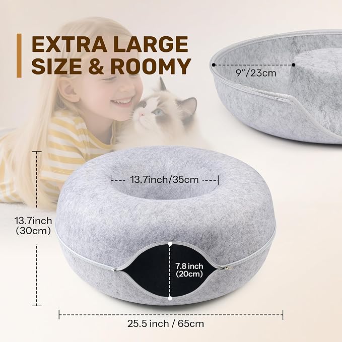 Cat Caves for Indoor Cats, Large Cat Tunnel for Multiple & Large Cats, Scratch Detachable Cave Bed, Kitten Donut Kitty Hideaway Up to 45 Lbs (Light Grey, Jumbo, 1 Pack)