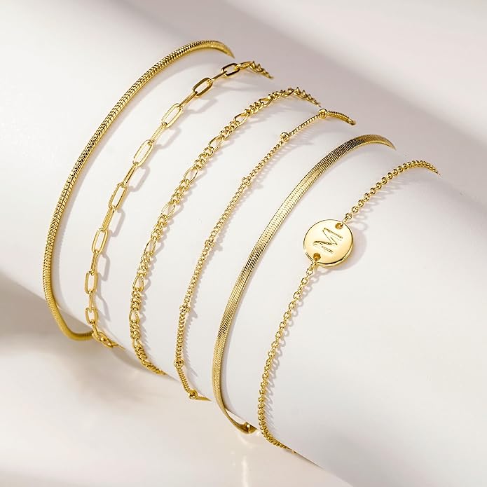 Bracelets for Women, 14K Gold Plated 6PCS Letter A-Z Stackable Jewelry Set for Adjustable 6"+2"