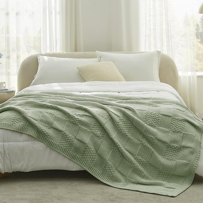 Knit Throw Blanket, Soft Chenille Cozy Breathable Checkered Chunky Decorative Blanket for Couch, Bed & Sofa, French-Inspired Lightweight Warm Gift for Women, Sage Green, 60"x80"