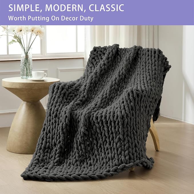 Bigacogo Chunky Knit Throw Blanket for Couch, 40x60 inches, Dark Grey | Hand Knit with Jumbo Chenille, Soft Breathable Cable Knit for Sofa Bed Living Room, Machine Washable, Gift for Mom Friend