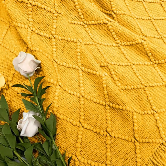 inhand Golden Yellow Knitted Throw Blanket for Couch and Bed, 50"x60" | Knit Fall Decor Halloween Blanket with Tassel, Lightweight Decorative Farmhouse Warm Woven Blankets and Throws for Women