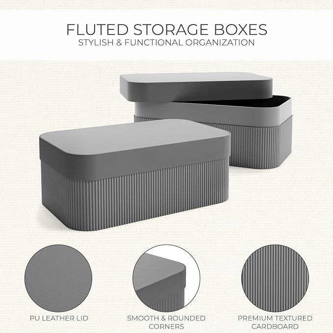 ZICOTO Decorative Storage Boxes with Lids - Set of 2 Beautiful Fluted Photo Organizer Bins for Your Home Bookshelf Decor to Safely Store Your Documents, Memory Box Items and Other Keepsakes in Style