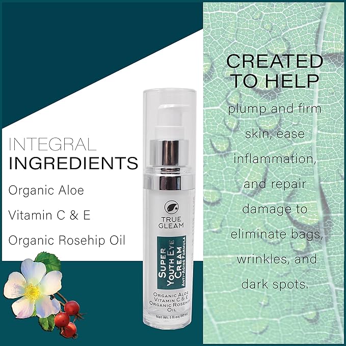 TRUEGLEAM Super Youth Eye Treatment Cream, Anti Aging Under Eye Treatment for Bags, Puffiness, Wrinkles, and Dark Spots with Green Tea, Jojoba Oil, and Vitamin E