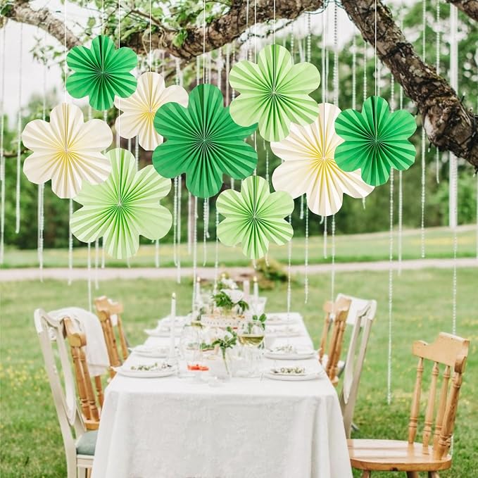 SUNBEAUTY Green Paper Flowers Decorations for Wall, Spring Summer Paper Fans Decor, Classroom Decor Paper Floral Backdrop Paper Flowers Decoration Hanging Paper Fans Green Flower Wall Decor, Set of 9