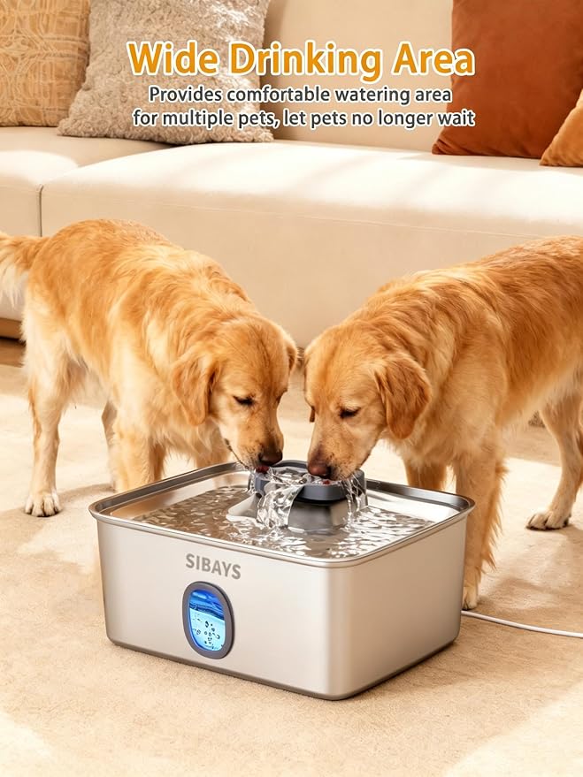 SIBAYS 4Gal/15L Large Dog Water Fountain, Stainless Steel Pet Fountain with Water Window & LED Light, Ultra Quiet Automatic Dog Water Bowl Dispenser for Large Dogs & Multi-pet, Easy to Clean FS76