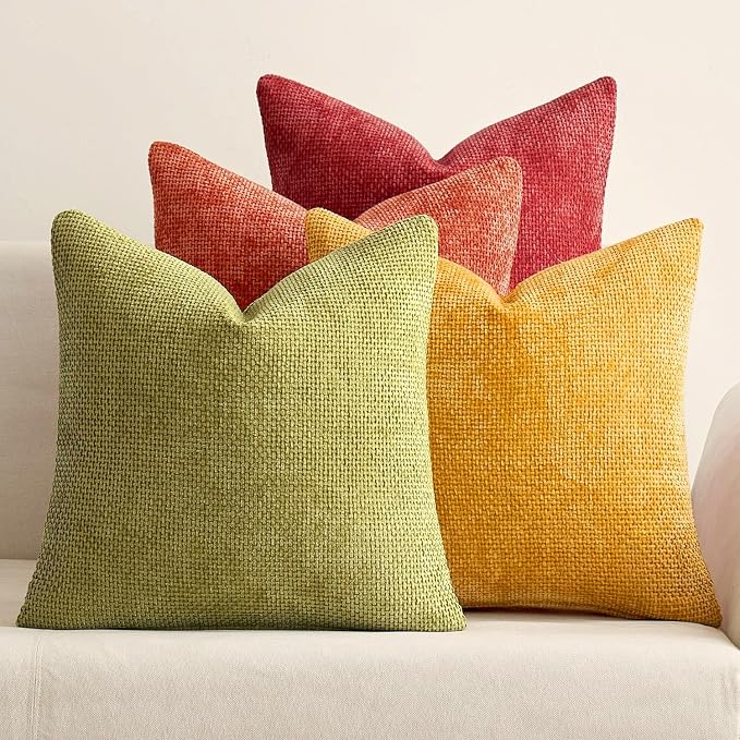 MIULEE Soft Decorative Chenille Fall Pillow Covers Rust Yellow Green 20x20 | Pack of 4, Rustic Decor, Autumn Harvest Set, Couch Throw Pillows, Farmhouse Boho Cushion Covers for Sofa Bed Living Room