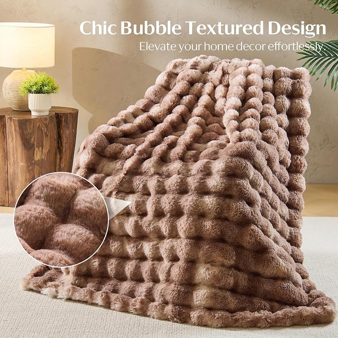 DOWNCOOL Large Faux Rabbit Fur Throw Blanket, Soft Fluffy Fuzzy Plush Bubble Blanket for Couch Sofa & Bed, Cozy Warm Luxury Fleece Minky Blanket, 90x90 Inches Tie-dye Brown