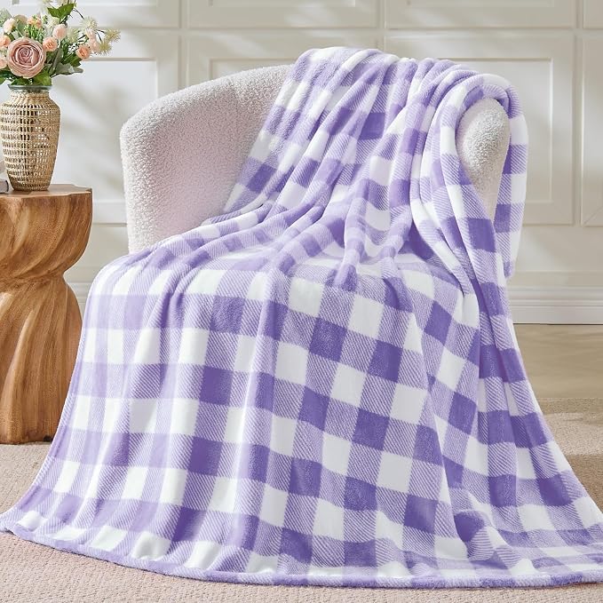 BEDELITE Plaid Fleece Throw Blanket, Purple & White Buffalo 50x60 Throw | 100% Polyester Microfibe, Soft Cozy, Lightweight Warm, Classic Buffalo Plaid, Room Decor, Gift for Women Girls, for Couch Bed