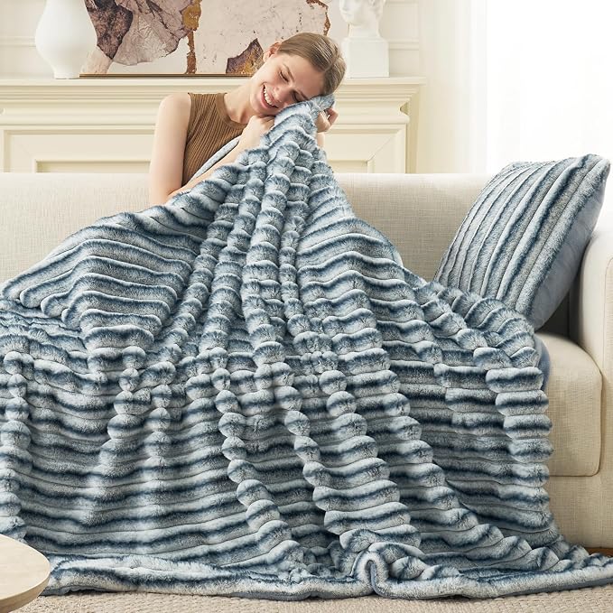 Cozy Bliss Faux Fur Throw Blanket for Couch, Cozy Warm Plush Striped Blanket for Sofa Bedroom Living Room, 50 * 60 Inches Blue