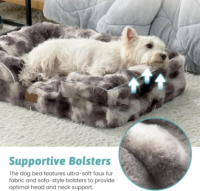 COZY KISS Faux Fur Orthopedic Dog Bed Washable for Large Dogs, L Sized | Soft Warm Pet Sofa with Sides or Bolster, Non-Slip and Big Dog Couch with Removable Waterproof Cover, 36x27 in, Tie Dye Grey
