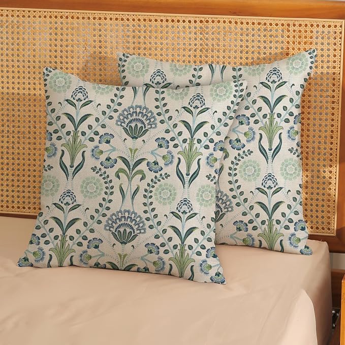 Blue Green Pillow Covers 18x18 Inch Set of 2 Boho Floral Decor Throw Pillows Vintage Block Print Flower Outdoor Linen Decorations Pillowcase Linen Cushion Cover for Couch