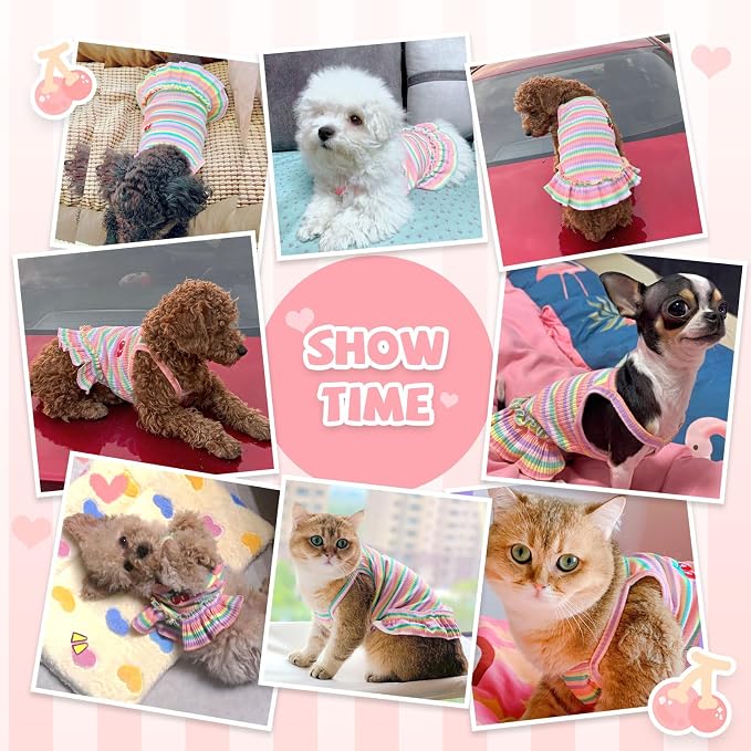 Cute Small Dog Dress Girl Female Dog Clothes Spring Summer Pet Puppy Cats Striped Dress Outfits for Shih Tzu Yorkies Chihuahua Maltese(Cherry Pink,Large)