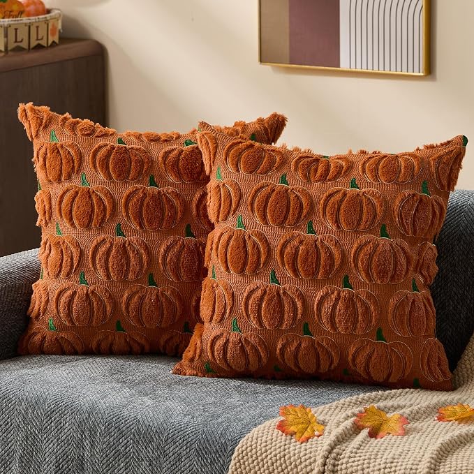 DFXSZ Fall Pillow Covers 18x18 2Pcs Rust Green Yellow Pumpkin Fall Decorations