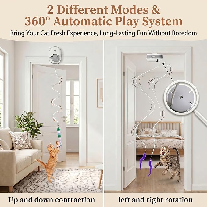 Interactive Cat Toys for Indoor Cats, Automatic Wand Cat Toy with 2 Smart Motion Modes, USB Rechargeable Electric Teaser with Clip, Self Play Enrichment Toy for Bored Kittens & Adult Cats