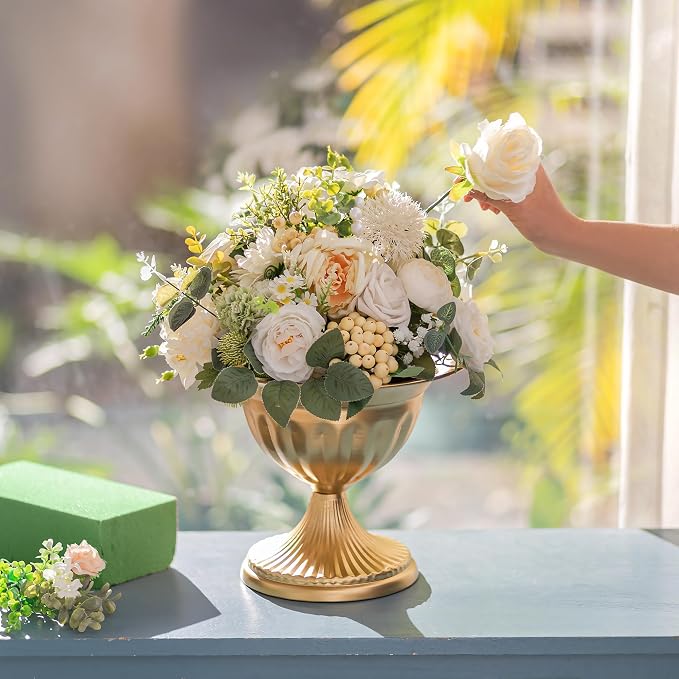 Sziqiqi Gold Metal Urn Compote Vase, Flower Wedding Centerpieces, 2Pcs | 10.6in Tall, Golden Floral Centerpiece Pedestal Bowl Vases, Flower Arrangements for Wedding, Party, Birthday, Event