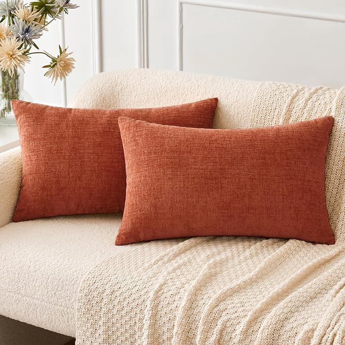 MIULEE Soft Chenille Fall Lumbar Throw Pillow Covers Burnt Orange 12x20 | Pack of 2, Modern Fall Decor, Classic Decorative Pillows, Solid Dyed Cases, Couch Cushion Covers for Sofa Bed Living Room