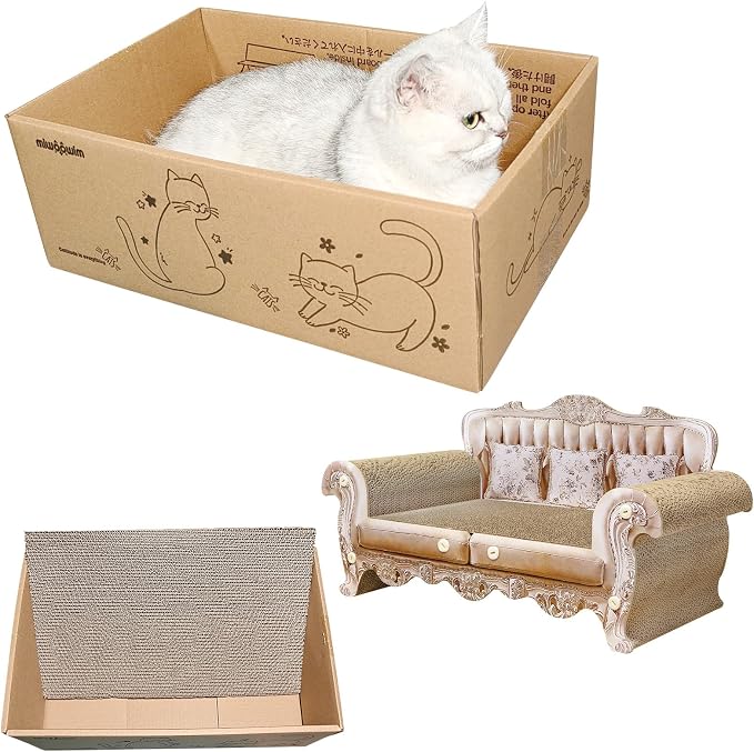 miwoowim Royal Cat Scratcher Sofa & Box, Durable Cardboard Furniture Guard | Luxury 2PCS Set, 23" Unique Couch & 17.3" Cute Box with Scratch Corrugated Pad, Modern Large Lounger for Indoor Cats
