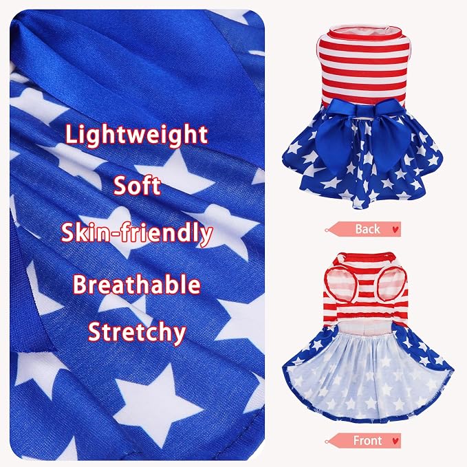 PUPTECK Print Dog Dress with Bow 4th of July Outfit Puppy Clothes XS | Flag Stars and Stripes Patriotic Outfits Apparel Costume for Celebration Holiday Party Photoshoot Puppy Doggie Pet Clothes