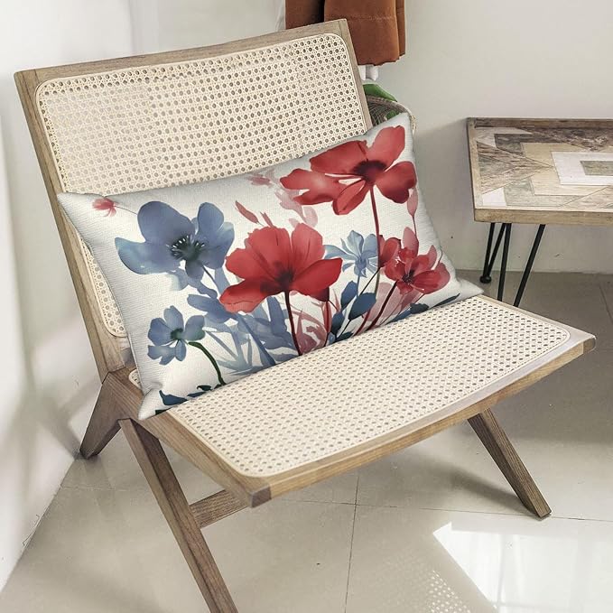 Floral Pillow Covers 12x20 Inches Set of 2 Independence Day Blue Red Floral Throw Pillow Covers Outdoor Spring Summer Flower Pillowcase Farmhouse Decorative Lumbar Cushion Cover for Home Sofa